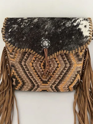 Western Bag  Handmade Hair On Hide Canvas & Cowhide Leather Suede Long Fringe - Image 1 of 4