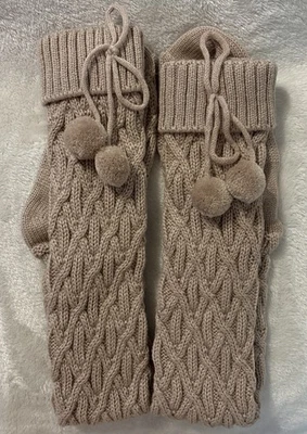 Cozy Beige Cable Knit Leg Warmers With Pom Poms-Soft Stylish Winter Accessory - Image 1 of 4
