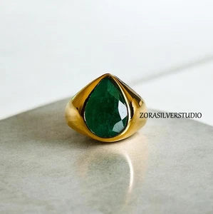 Natural Emerald Ring 22K Gold Filled 925 Sterling Silver Unisex Birthstone Ring - Picture 1 of 7