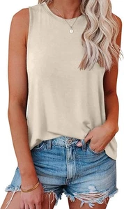 JOELLYUS Womens Tank Tops Summer Casual Crew Neck Sleeveless Top Large, Khaki - Picture 1 of 6