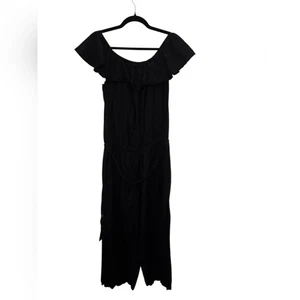 Tommy Bahama Large Linen Blend Off the Shoulder Wild Leg Black Romper Pockets - Picture 1 of 9
