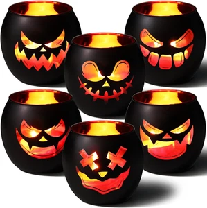 Black Halloween Table Centerpieces Candle Holders 6PCS, Jack O Lantern Tealight - Picture 1 of 12