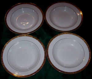 4 Pristine China Pearl Imperial Gold Rimmed 8.75" Flat Soup Bowls - Picture 1 of 3