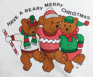 Vtg Chris T "Have a Beary Merry Christmas" Sweatshirt~White~Patterned Sleeves - Picture 1 of 24