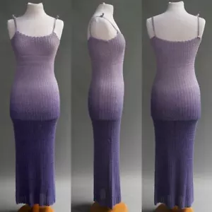 Vtg 70s Purple Hand Crochet Home Made Body Con Hippie Festival Boho Dress S M - Picture 1 of 8