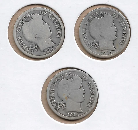 1914 BARBER DIMES * P * D * S *  - 10 cents - 90% SILVER - lot of all 3 mints Cover