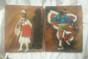 VINTAGE MARY MARTIN OIL PAINTING American Indian Dancing Warrior And Maiden Pair - Picture 1 of 12
