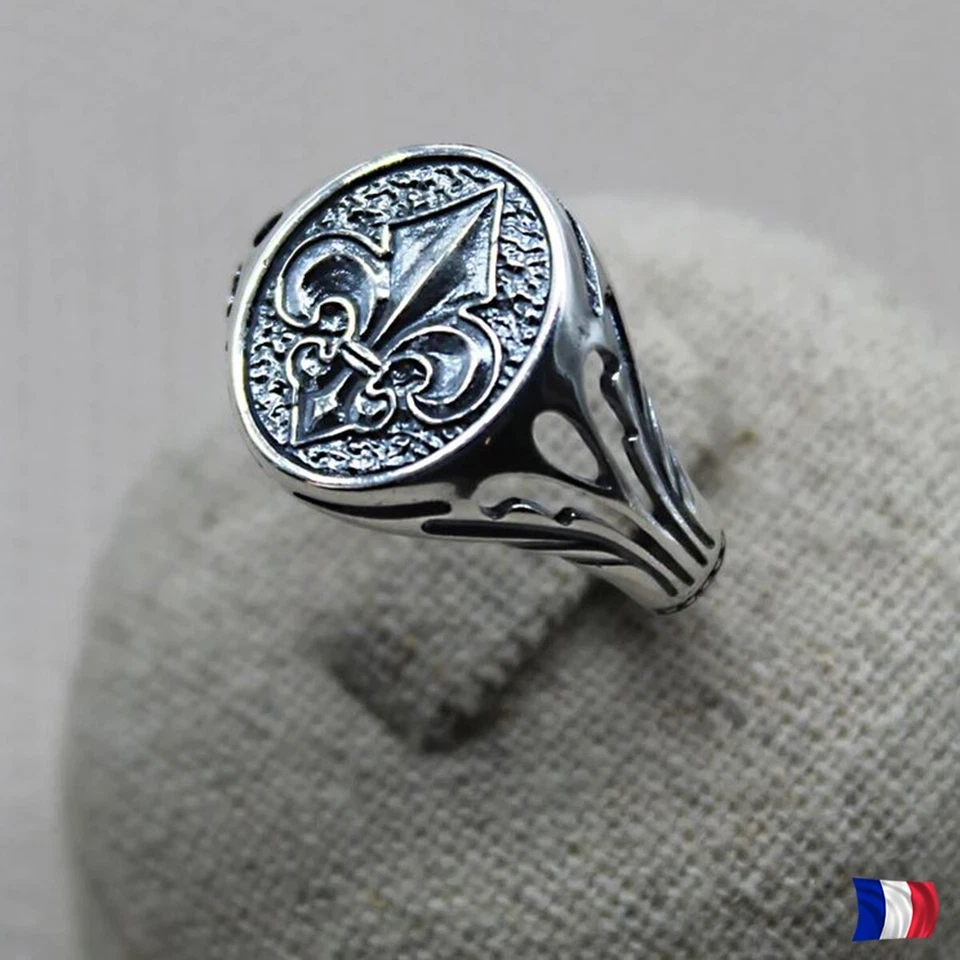 Chevalière Argent 925 Fleur de Lys Bague Homme Femme Bijou Royal Symbole France - Photo 1/4