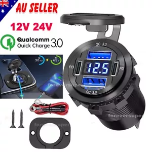 USB Car Charger Dual QC3.0 PD Port With Voltmeter Outlet Socket for 12V RV Boat - Picture 1 of 17