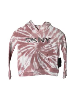 DKNY Girl's Hoodie Rose and White Tie-Die Sequined Logo Long Sleeve Size 6X - Picture 1 of 10