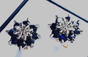 Natural Sapphire And Diamond Stud Earrings 9ct Gold Cluster Design 375 Vintage - Picture 1 of 8