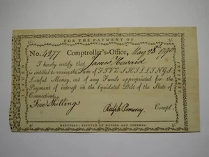 1790 5 Shillings Connecticut Comptroller's Office Colonial Currency Note Pomeroy - Picture 1 of 2
