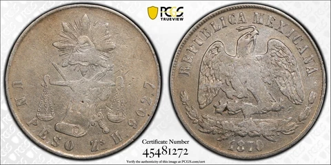 1870 Zs H PESO MEXICO KM#408.8  PCGS XF40 #45481272  - SCARCE - FRESHLY GRADED! Cover