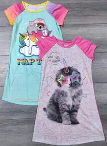 Girls Medium 7-8 Nightgown Kitty Cat Sloth Unicorn Sleep Shirt PJs Cute Gift - Picture 1 of 6