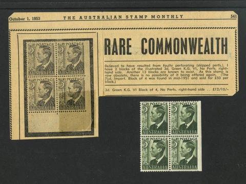 M2575 Australia 1951 SG237d Var - 3d grey green block of 4 IMPERF AT RIGHT Cover