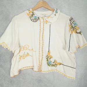 Urban Outfitters Shirt Womens Medium Embroidered Floral Boho Button Crop Top - Picture 1 of 18