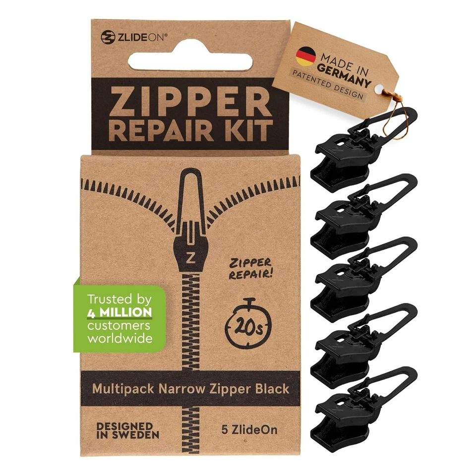 ZlideOn Zipper Pull Replacement - 5pcs Black Narrow - Instant Zipper Replac...