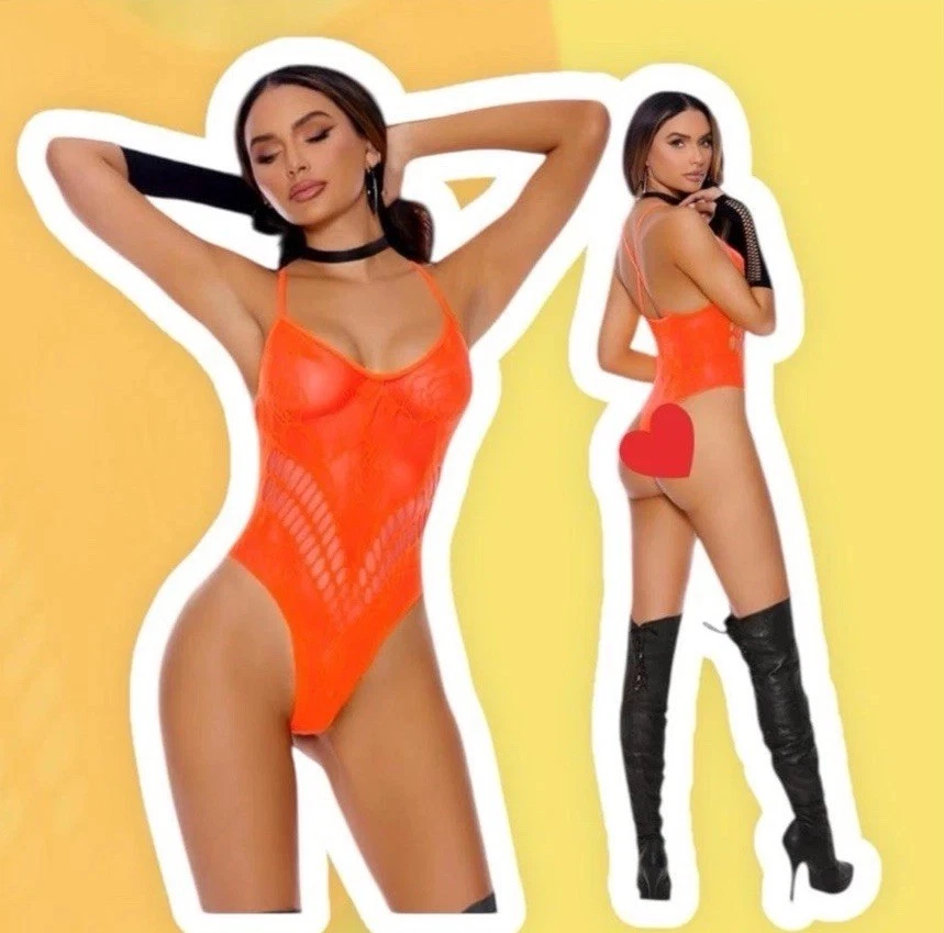 Body feminino de malha laranja lingerie com acabamento em renda cosplay Halloween NOVO - Imagem 1 de 2