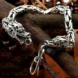 Viking Dragon Scale Link Chain Bracelet Men's Stainless Steel Ouroboros Bangle - Picture 1 of 6