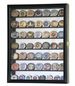 49 Challenge Coin Display Case Mirrored Black Military Cabinet Wood Shadow Box - Picture 1 of 9