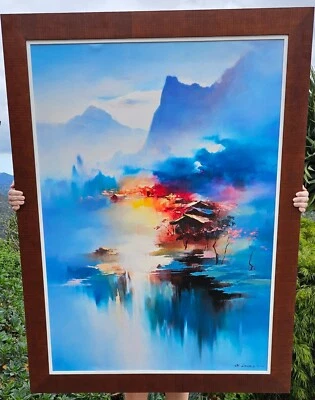 Arte chino H Leung Twilight Mist II XXL firmado a mano enmarcado embellecido 66/100 Foto 1 de 4
