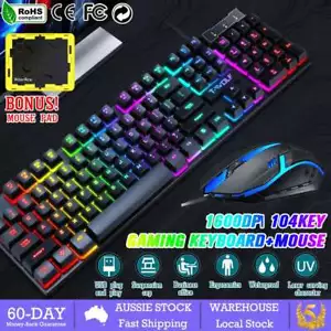Gaming Keyboard and Mouse Set For PC Laptop Rainbow Backlight USB Ergonomic AU - Picture 1 of 12