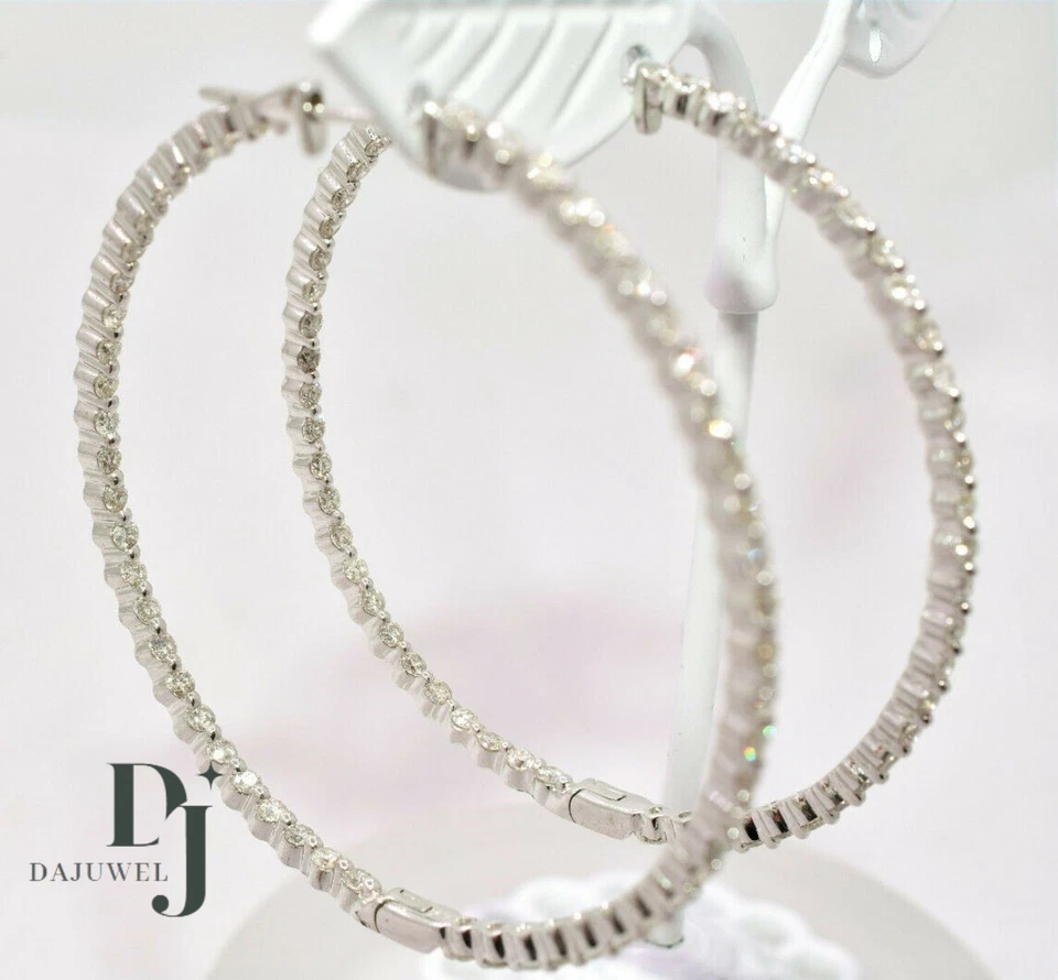 Solid 14K White Gold Moissanite Inside Out Hoop Earrings 2 Carat Round Cut VVS1 - Image 1 of 4