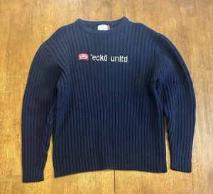 Y2K Ecko Unltd. Suéter de punto acanalado de lana de cordero XL azul marino grueso - Imagen 1 de 8