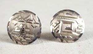 Vintage 925 Sterling Silver Round Mexican Aztec Mayan Temple Cufflinks Pair - Picture 1 of 3