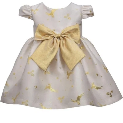 Bonnie Jean Baby White Gold Deer Print Christmas Formal Short Sleeve Dress 3-6m - Image 1 of 4