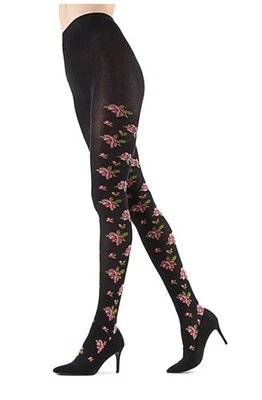 NWT MeMoi SM Floral Needlepoint Sweater Tights Black Pink Roses 100504 - Image 1 of 4