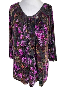 DRAPER'S & DAMON'S - BLACK & PURPLE FLORAL VELVET LONG SLEEVE TUNI TOP - SZ 2X - Picture 1 of 6
