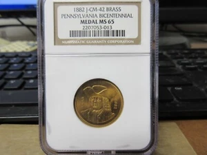 1882 J-CM-42 Pennsylvania Bicentennial US Mint Brass Medal NGC MS 65 - Picture 1 of 8