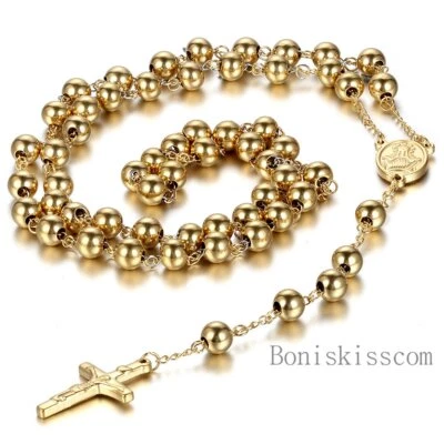 Stainless Steel Jesus Christ Crucifix Cross Rosary Bead Chain Pendant Necklace - Image 1 of 4