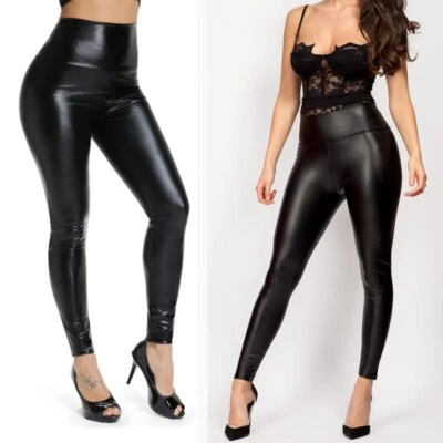 Black Wet Look Leggings High Waist Faux Leather Ladies Stretch Pant PVC Trousers - Image 1 of 4