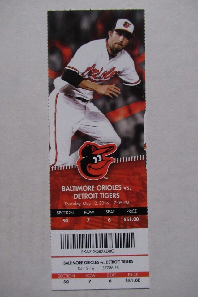BALTIMORE ORIOLES VS TIGERS 5/12/2016 FULL TICKET~ JARROD SALTALAMACCHIA HR - Imagem 1 de 1