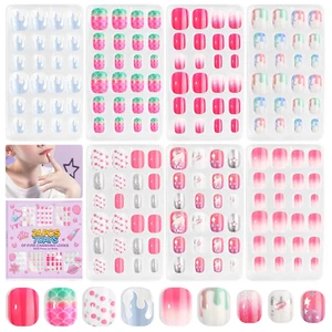 168Pcs 7 Pack Press on Nails for Kids Children Fake Nails Stick on Nails Pre-Glu - Picture 1 of 12
