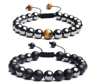 Natural Black Hematite Tigers Eye Bead Men Women Adjustable Bracelet Lucky Charm - Picture 1 of 7