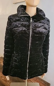 Calvin Klein Down Quilted Velvet Womens Size Small Black Jacket Rear Ruffles - Picture 1 of 15