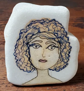 Santorini Rock Painting, Women One Side & "If Per Chance?" On One Side - Picture 1 of 8