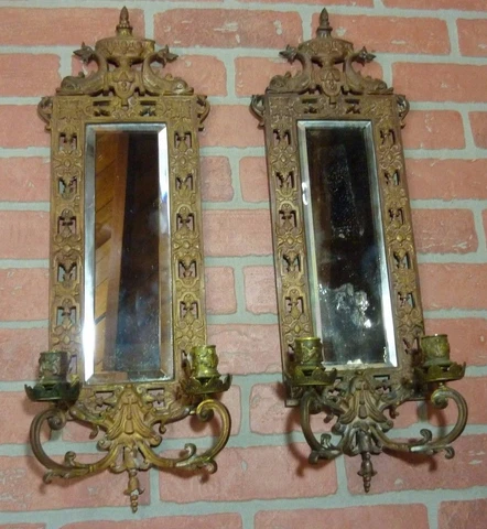 Antique Pair 1880s Bronze Victorian Blaesius Dauphins Bevel Mirror Candlesticks Cover