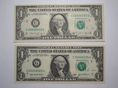2 $1 1988 & 2003 Matching Low Serial Numbers Federal Reserve Bank Notes Repeater - Image 1 of 4