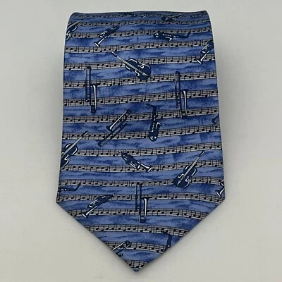 Corbata de seda Fox & Chave Inglaterra inspirada en la música notas musicales instrumentos violín saxo  Foto 1 de 4