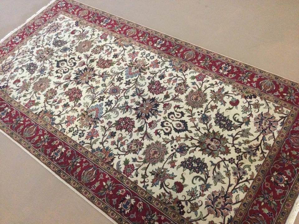 4’.” X 7’.9” Beige Red Traditional Floral All-Over Oriental Rug Hand Knotted - Image 1 of 4