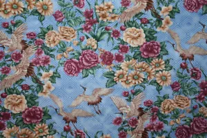 FLORES Y GRULLAS ASIÁTICAS SOBRE AZUL - TELA 100% ALGODÓN - Imagen 1 de 5