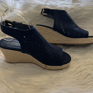 Liz Claiborne Wedge Sandal Espadrille Navy Blue Cut Outs Size 7M Faux Suede - Picture 1 of 8