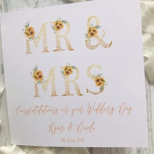 Handmade Personalised Sunflower Mr & Mrs Wedding Day Card Bride Groom Couple - Picture 1 of 3