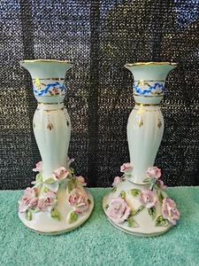 Formaleties By Baum Bros Candlestick Holder With Pink Roses - Vintage Ceramic - Picture 1 of 12