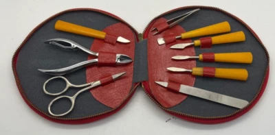 Vtg Travel Manicure Set In The Zip Red Round Case Faux Leather Bakelite Handle - Image 1 of 4