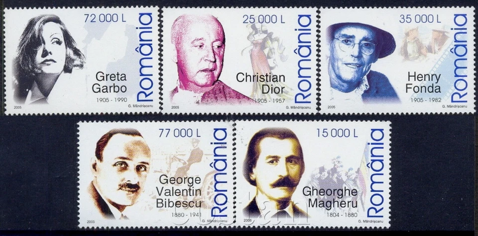 Greta Garbo 2005, Henri Fonda, Christian Dior, Magheru, Bibescu, Rumania, 5898, MNH Foto 1 de 1